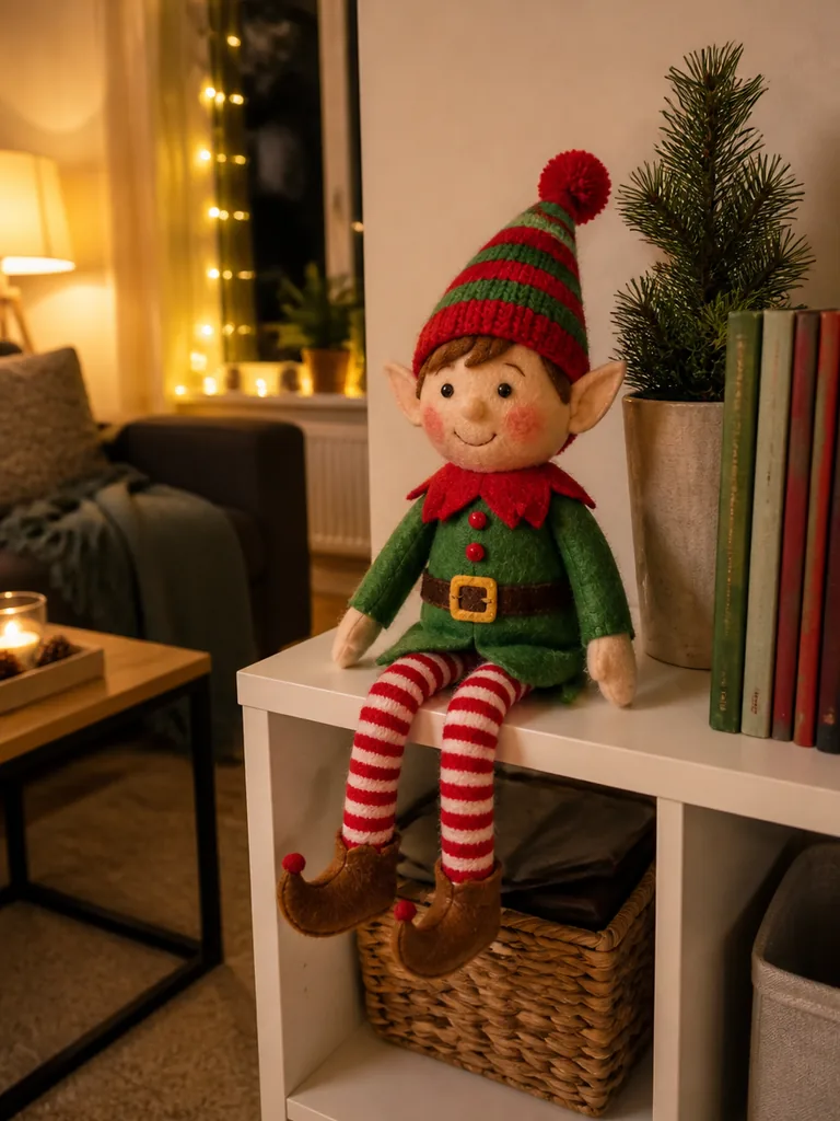 An elf doll sitting on the edge of a bookshelf at night, before it starts to move