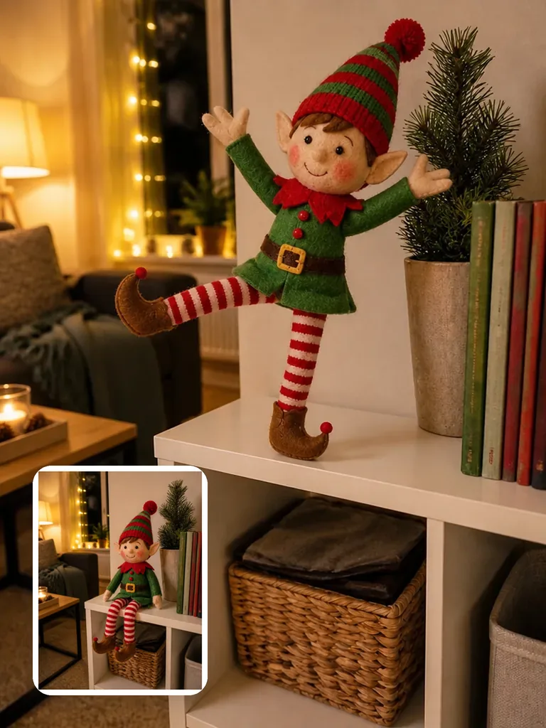 Inset: a felt elf doll sitting on a bookshelf at night. Main: the same doll dancing on the shelf edge with its arms up and one leg kicked out