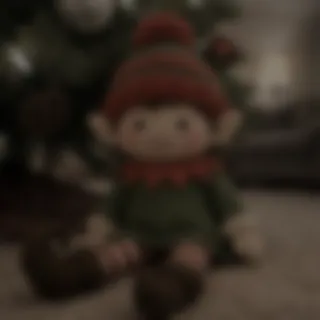 A dark, blurry photo of an elf doll under a Christmas tree