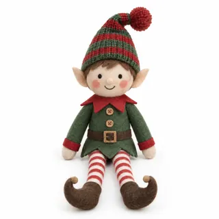 A felt elf doll in a green tunic and striped hat sitting on a white background, fully in view and in sharp focus