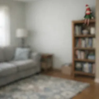 A wide, out-of-focus shot of a living room with a small elf doll far away on a high shelf