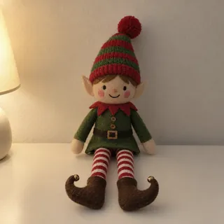 A felt elf doll sitting on a white tabletop in warm table-lamp light at night, in sharp focus