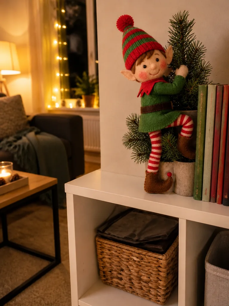 The same felt elf doll climbing the small potted pine on the bookshelf and smiling at the camera