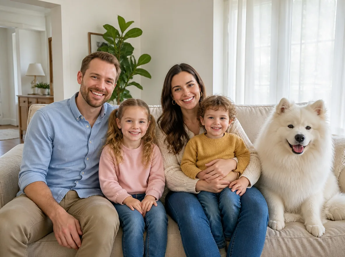 A mother, a father, two kids and a white dog on a sofa in a bright living room