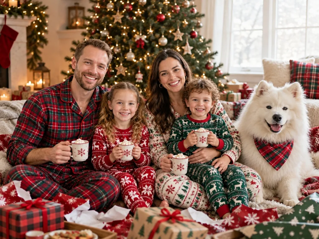 The same family on Christmas morning in red and green plaid pajamas by the tree, holding mugs of cocoa among wrapping paper and gifts, the Samoyed in a plaid bandana