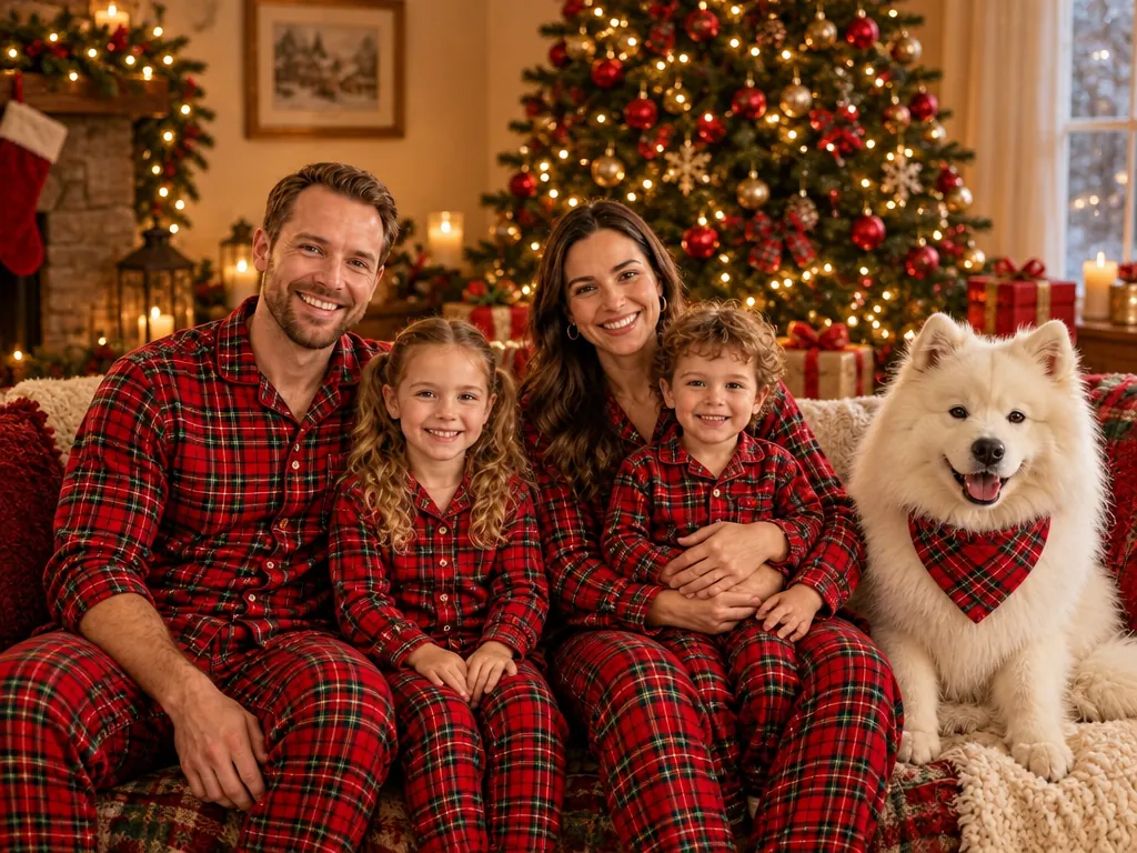 The same family and dog in matching red plaid pajamas in front of a lit Christmas tree