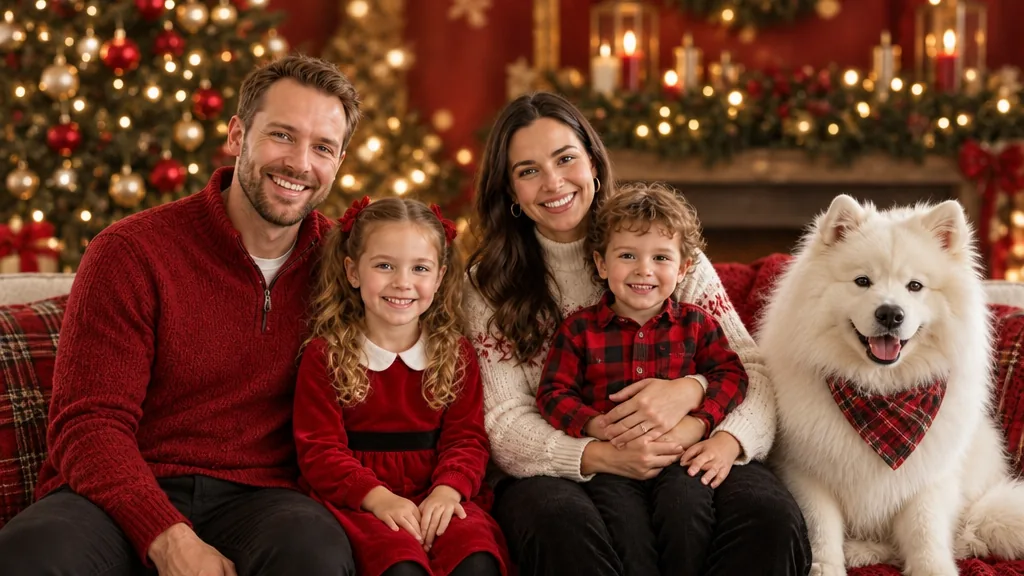 The family in red knits and plaid on a sofa in front of a red holiday backdrop with garland and lights, the Samoyed in a plaid bandana