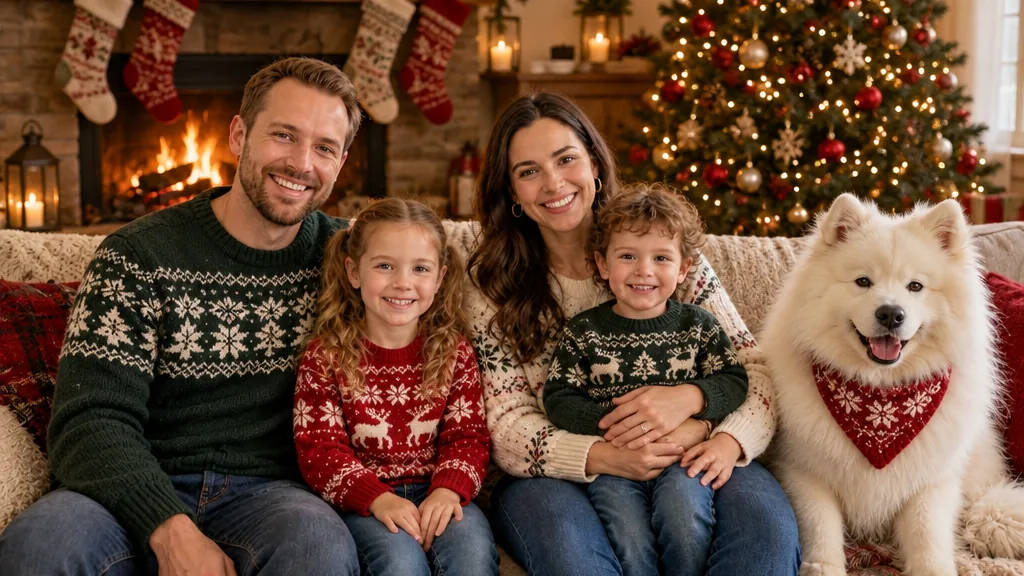 The family in coordinated red, cream and green knit sweaters by a fireplace with stockings and a lit tree