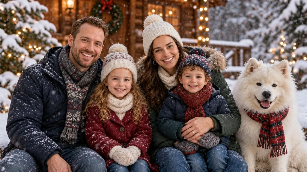 The family in dark winter coats, knit hats and scarves outside a snowy log cabin, the Samoyed in a plaid scarf