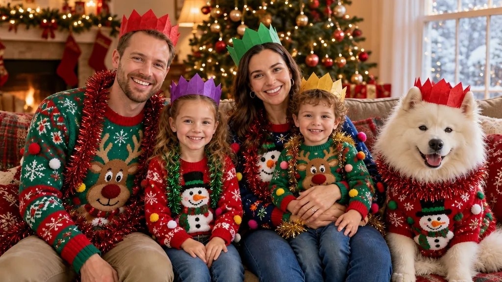 The family in mismatched ugly Christmas sweaters with reindeer and snowmen, paper crowns and tinsel; the Samoyed wears a sweater too