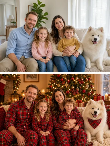 The family's bright everyday sofa photo with their Samoyed above, the same family in matching red plaid pajamas by the tree below