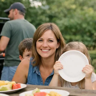 A family at a picnic table where the father looks away and two children hide behind a shoulder and a paper plate