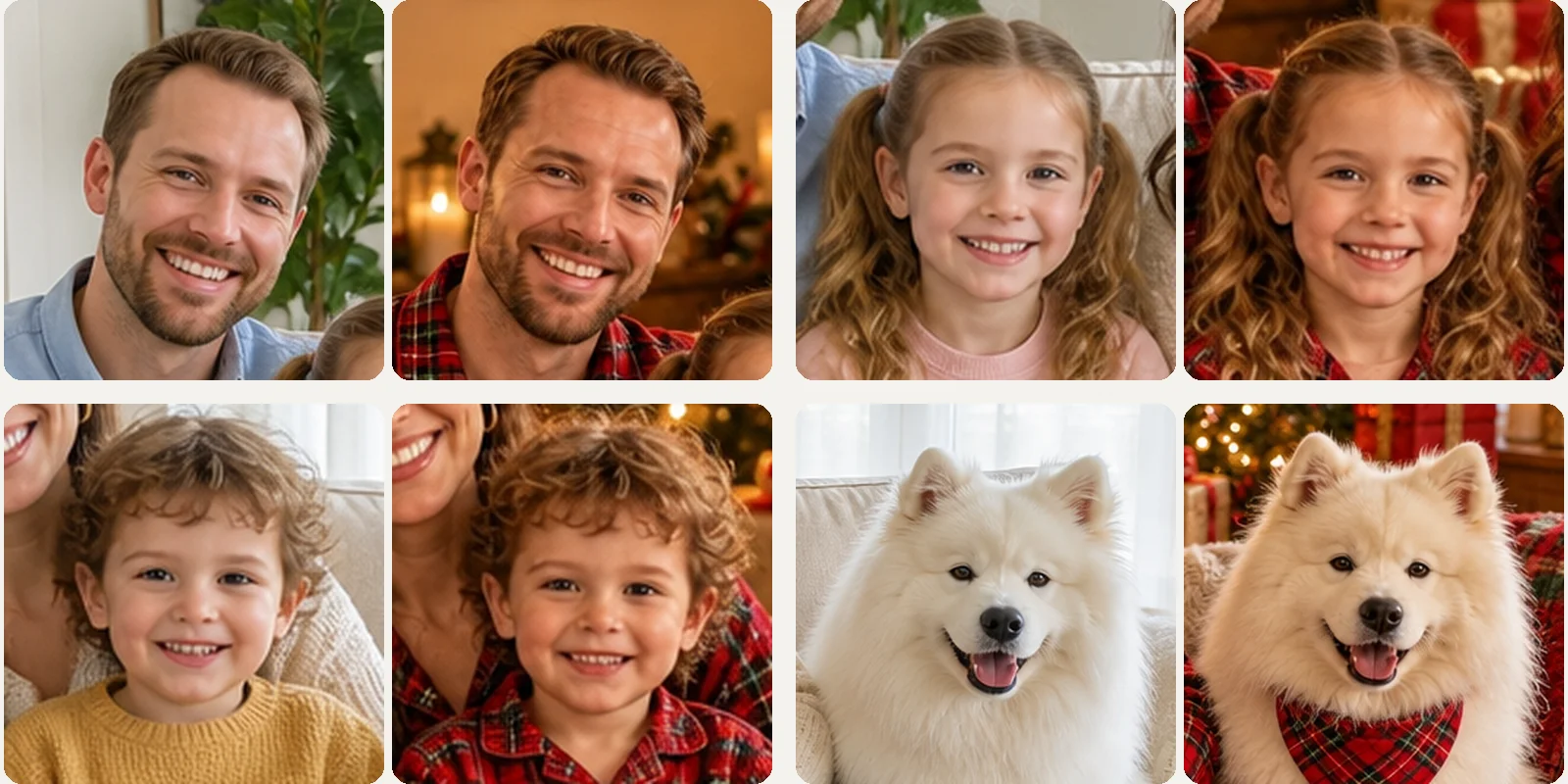 Close-ups side by side from the everyday photo and the pajama portrait: the father, the daughter, the little boy and the Samoyed look the same in both
