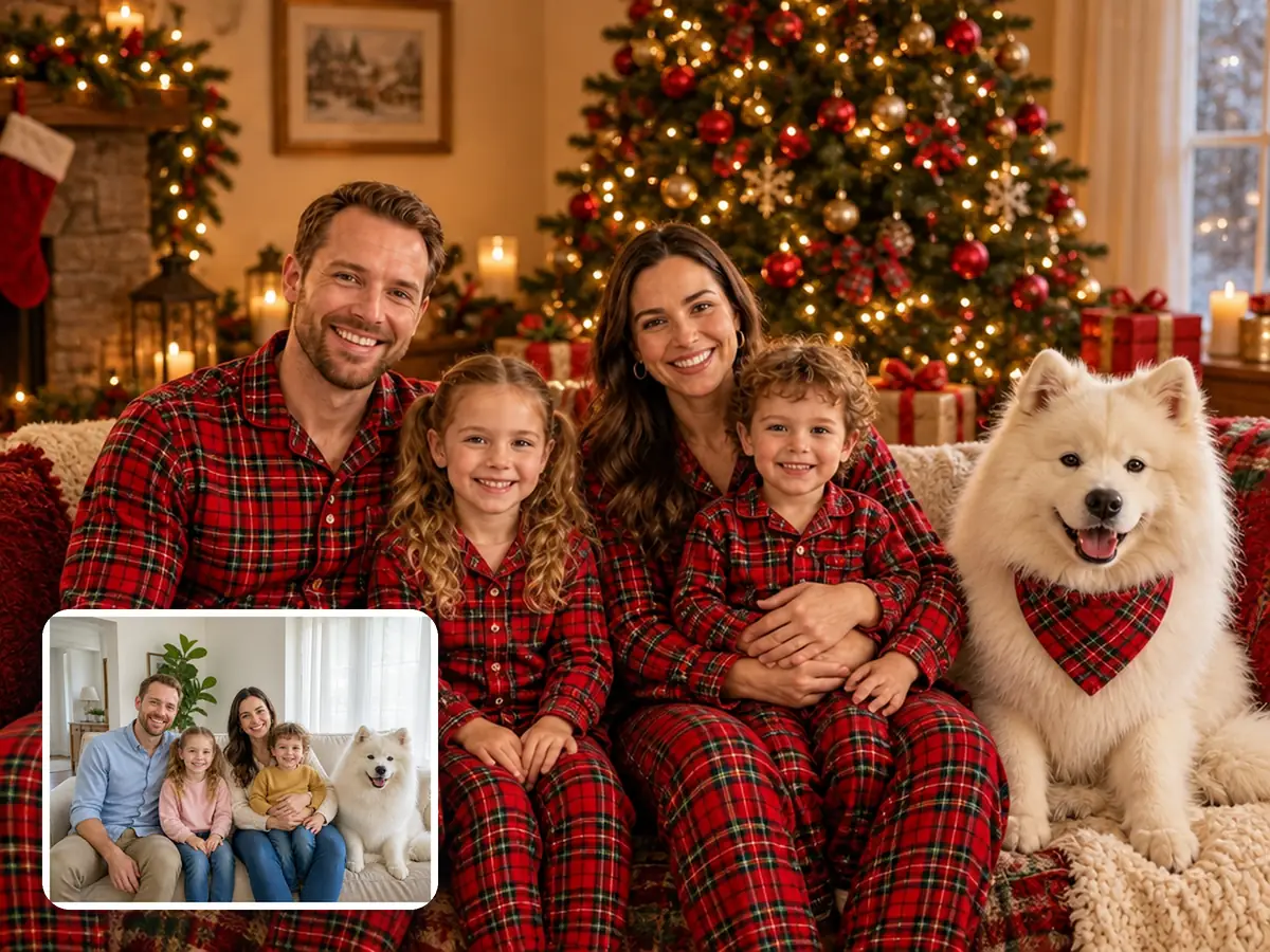 The same family of four and their Samoyed in matching red plaid pajamas by a decorated tree, with their everyday sofa photo in the corner