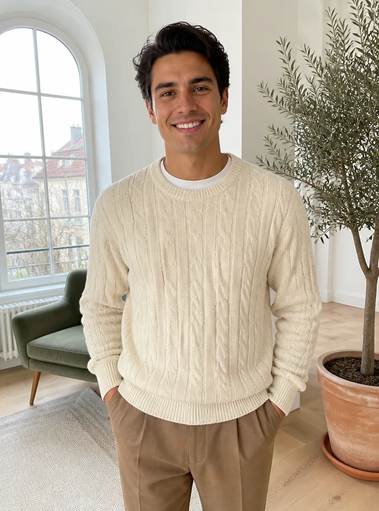 A smiling young man in a cream cable-knit sweater in a bright living room