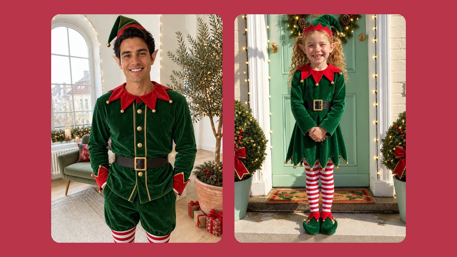 A man and a girl dressed as Christmas elves in green velvet tunics, red-and-white striped stockings and pointed green hats