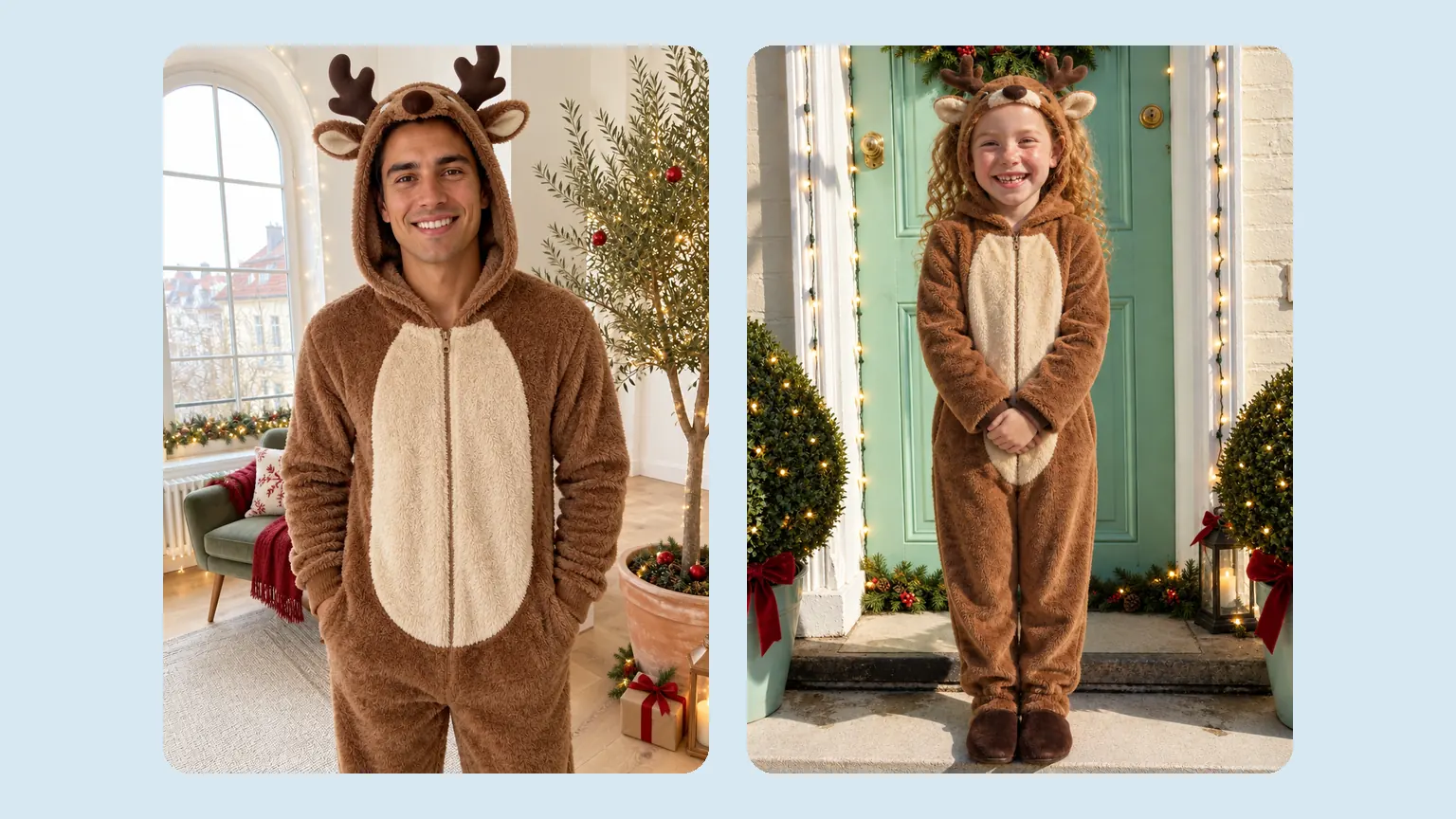 A man and a girl in brown furry reindeer costumes with plush antlers