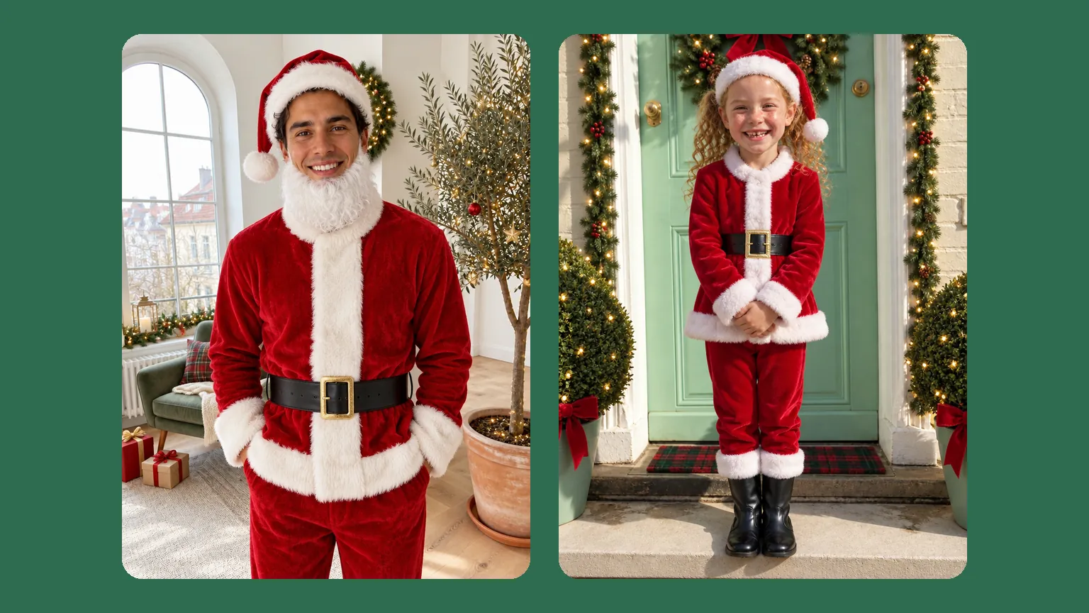 A man and a girl side by side in matching red Santa suits; he has a neat white beard, she has none