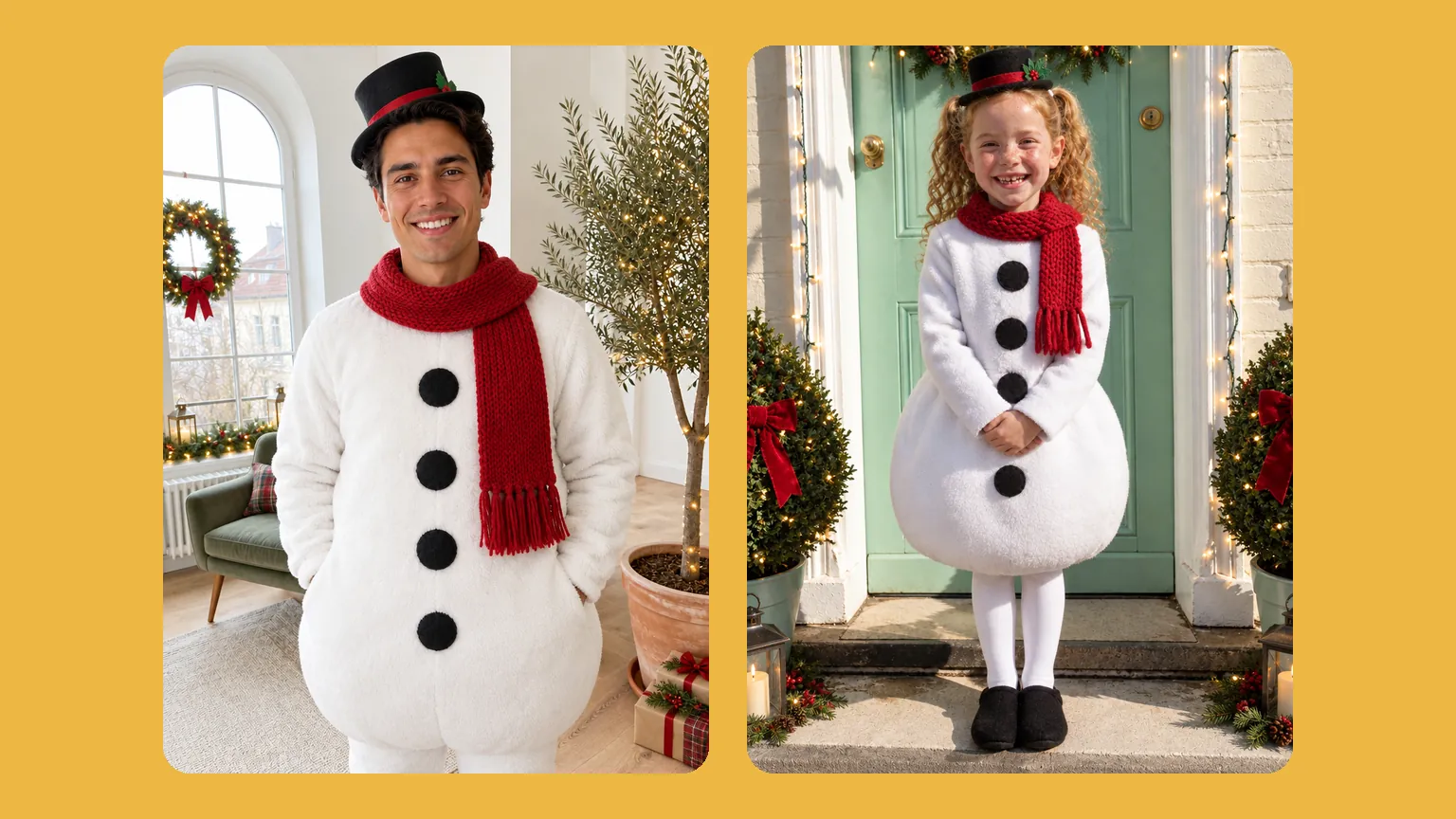 A man and a girl in round white snowman costumes with black buttons, knitted scarves and small black hats