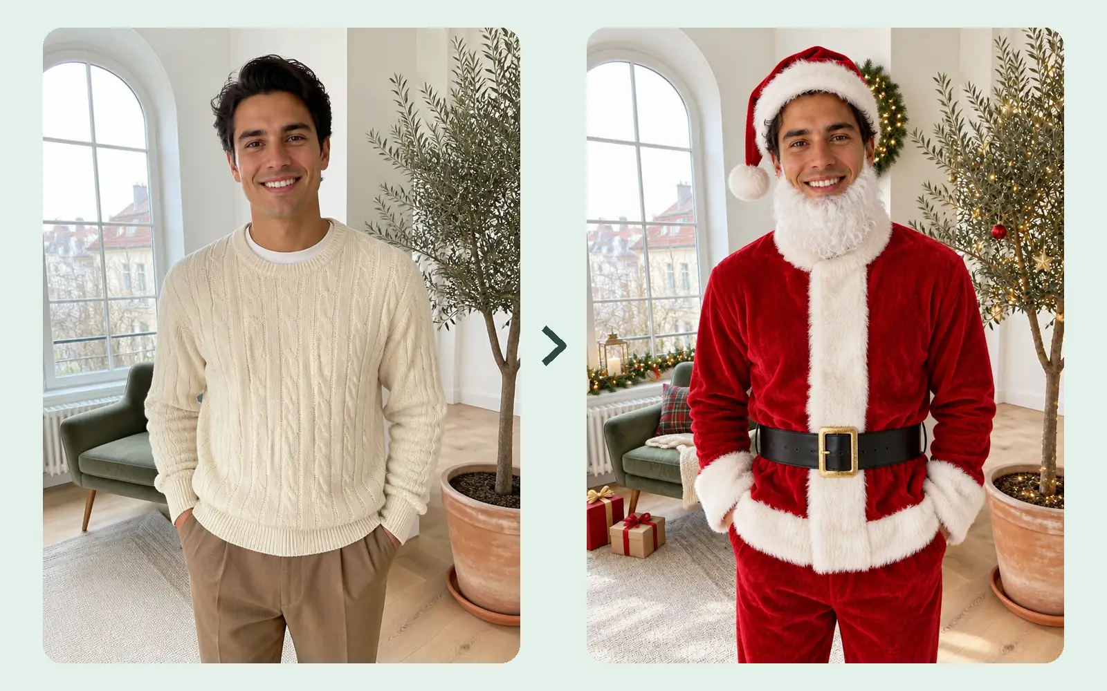 Side by side: a man in a cream sweater in a bright loft, and the same man in the same pose wearing a red Santa suit, hat and white beard, with Christmas lights now around the window