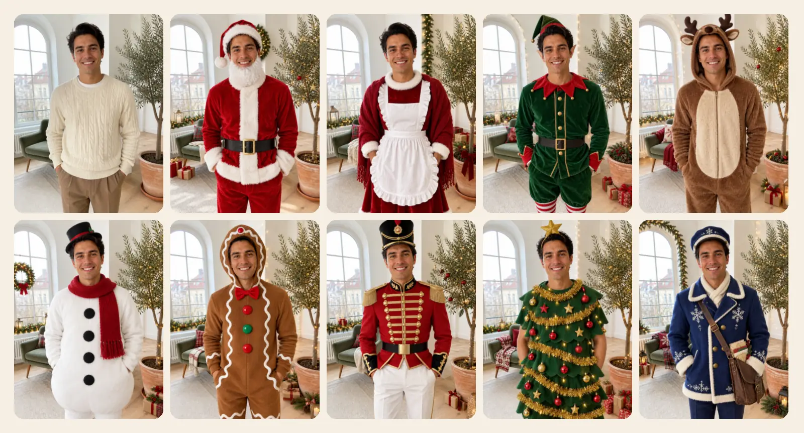 A ten-photo grid of the same man: his original photo in a cream sweater, then as Santa, Mrs. Claus, an elf, a reindeer, a snowman, a gingerbread person, a nutcracker soldier, a Christmas tree and a surprise mail carrier in a blue snowflake coat