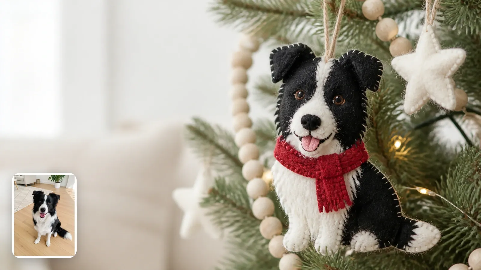 A Border Collie photo in the corner and a stitched black-and-white felt dog with a red knitted scarf hanging on a pine branch