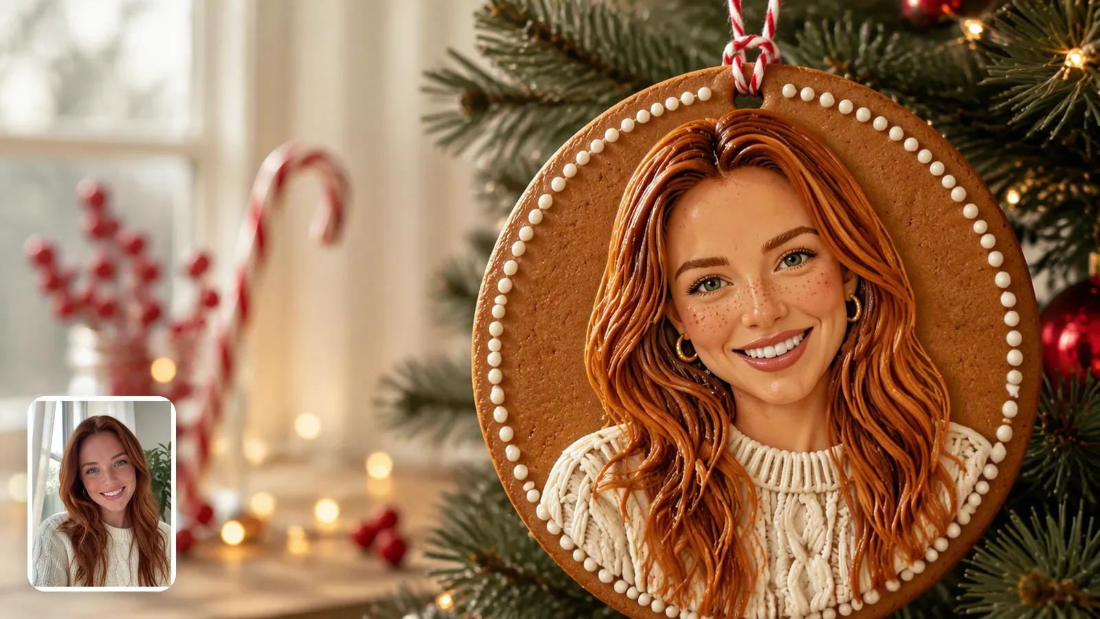 A woman's portrait photo in the corner and a round gingerbread cookie piped with her auburn hair, freckles and cream sweater, tied to a branch with red-and-white twine
