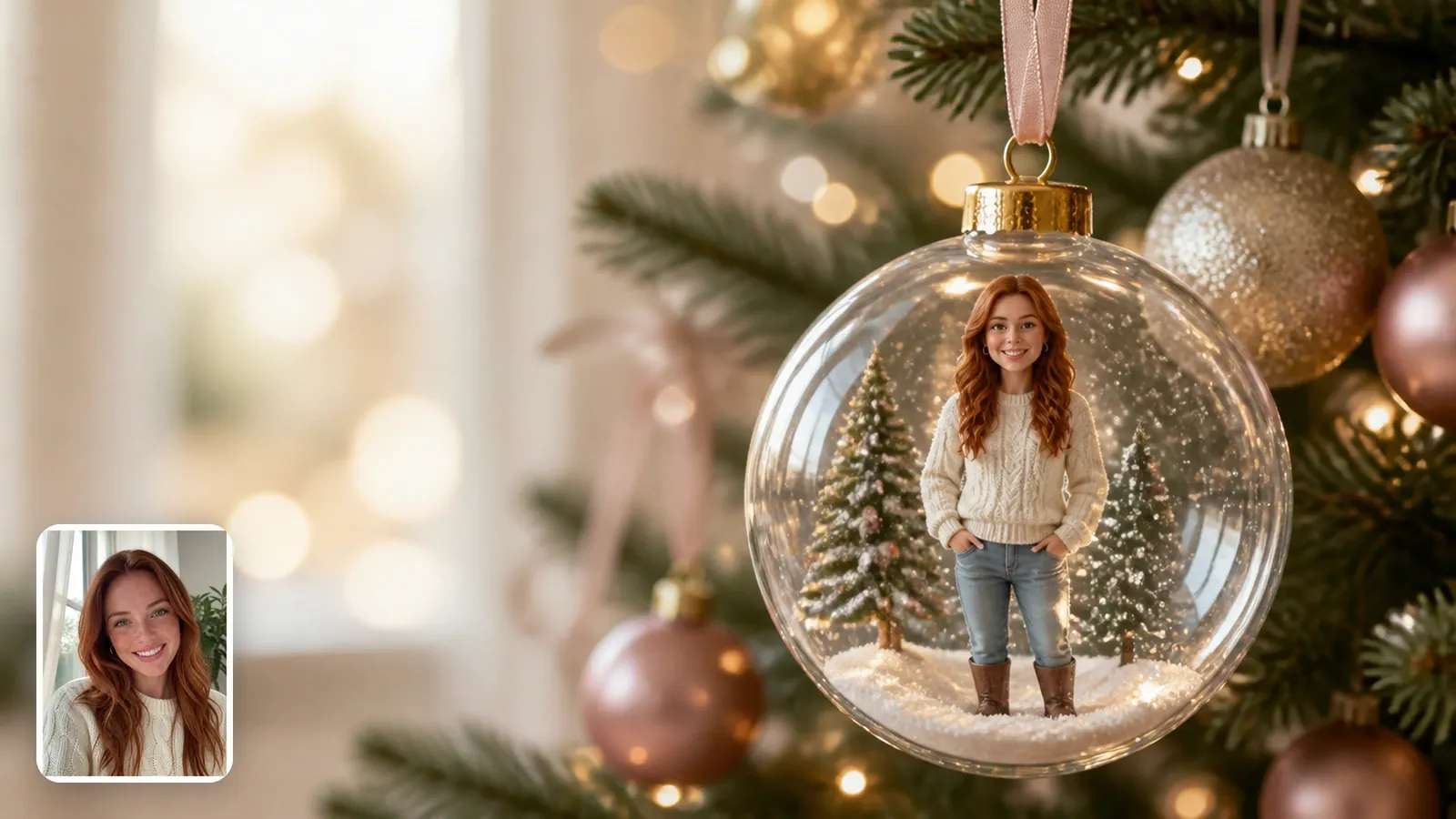 A woman's portrait photo in the corner and a clear glass bauble with a gold cap, a tiny lifelike version of her inside on a bed of snow