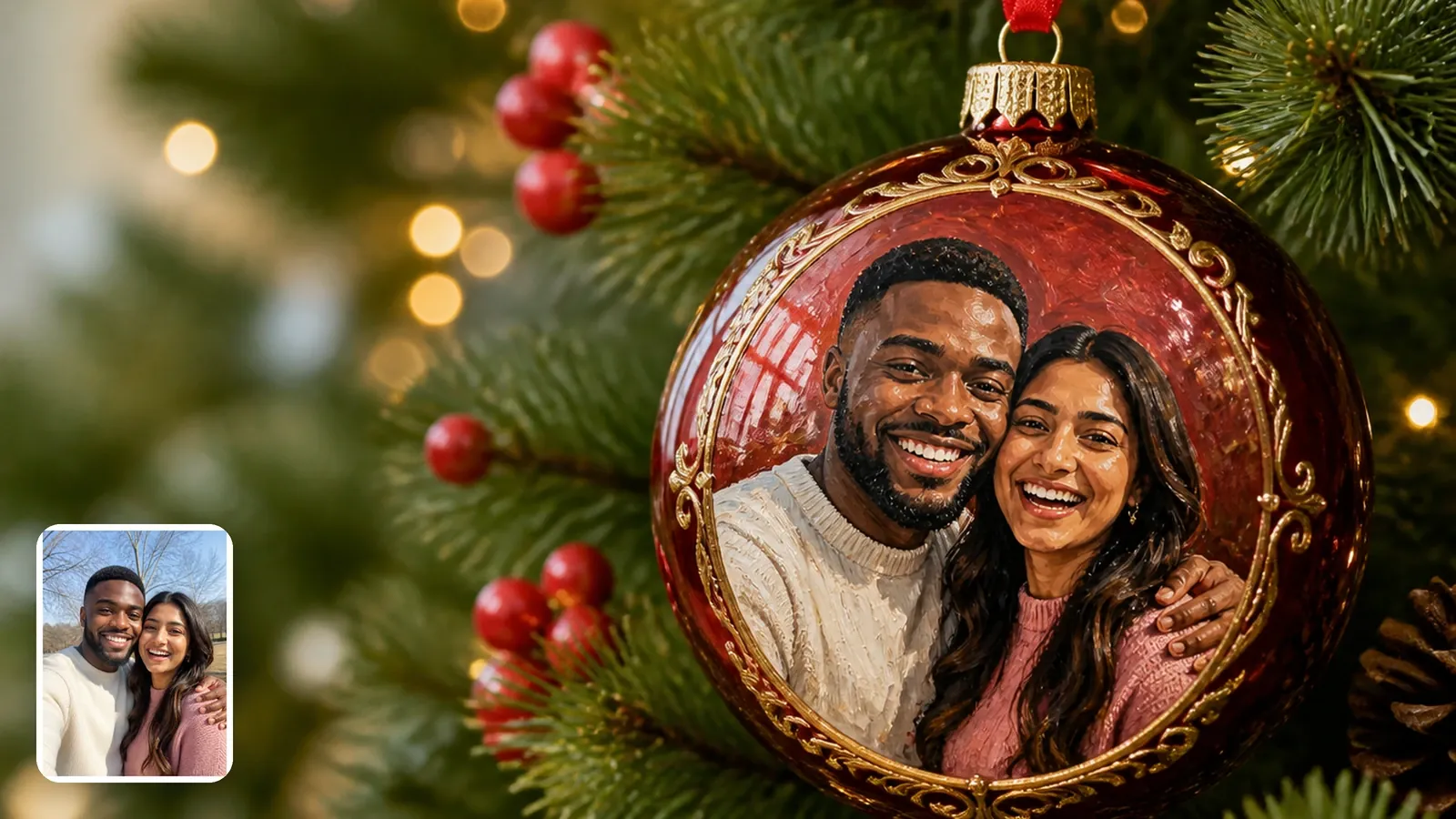 A couple's selfie in the corner and a glossy red bauble with the same couple painted cheek to cheek inside a gold filigree frame