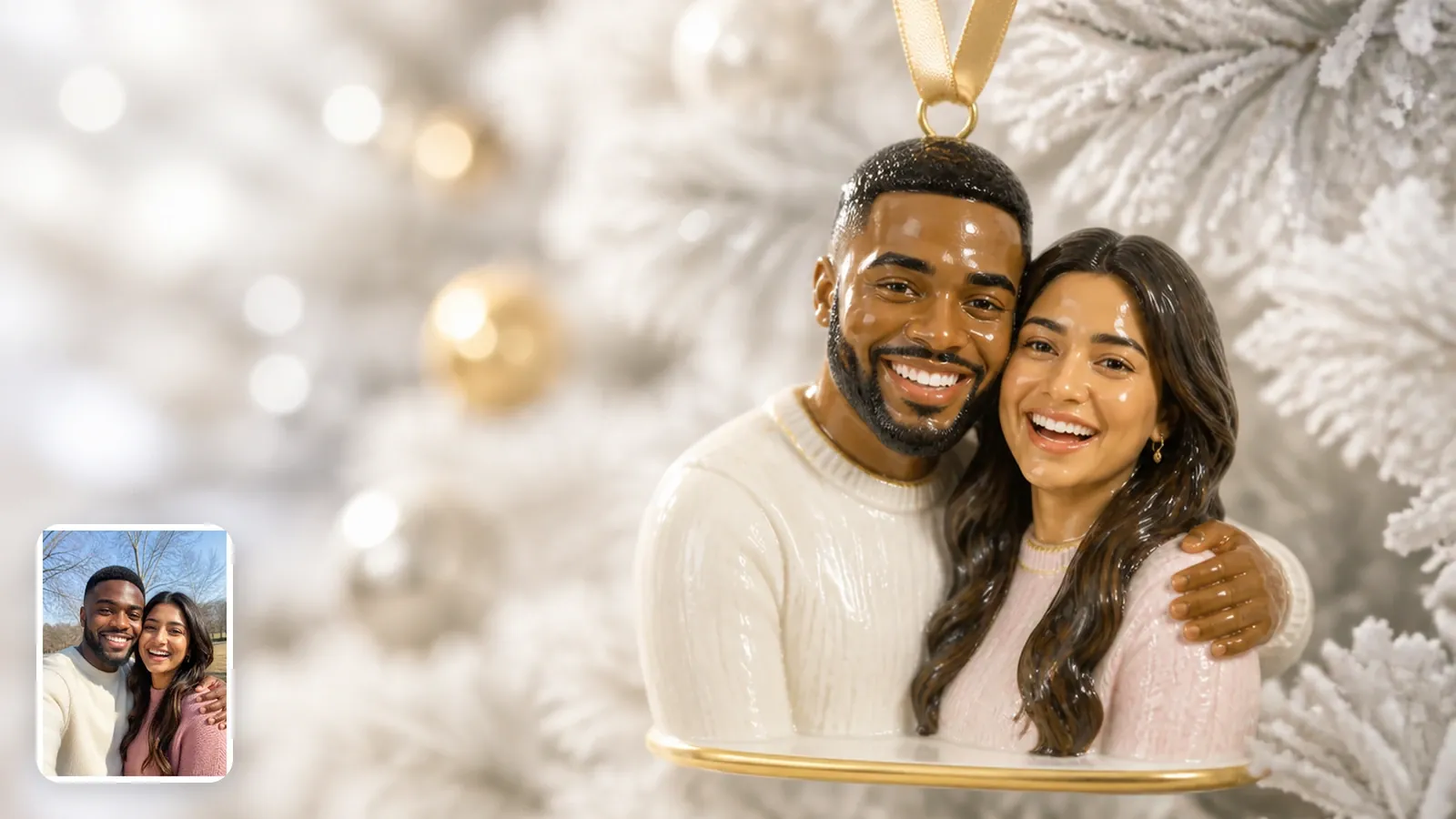 A couple's selfie in the corner and a white-and-gold porcelain ornament of the same couple, cheek to cheek, hanging on a frosted tree
