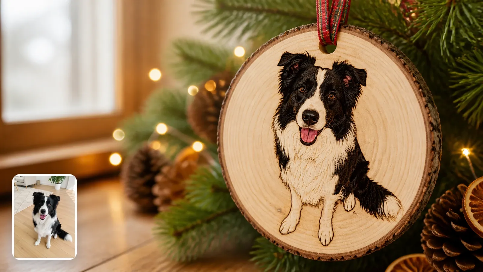 A Border Collie photo in the corner and a round birch-wood slice with the same dog engraved and painted on it, hanging on a pine branch