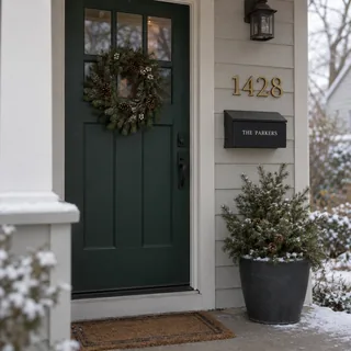 A front porch with brass house numbers by the door and a family name on the mailbox