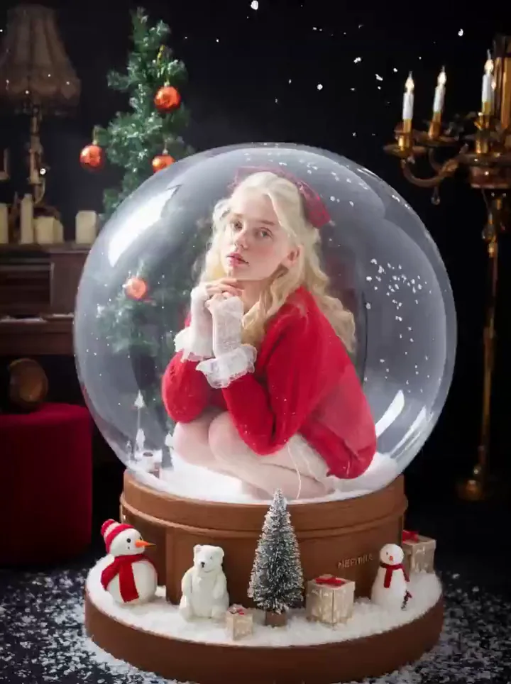 A young woman in a red sweater sitting inside a snow globe on a candlelit table, looking at the camera