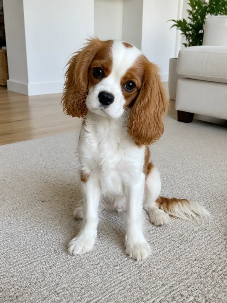 A Cavalier King Charles spaniel sitting on a rug in a living room