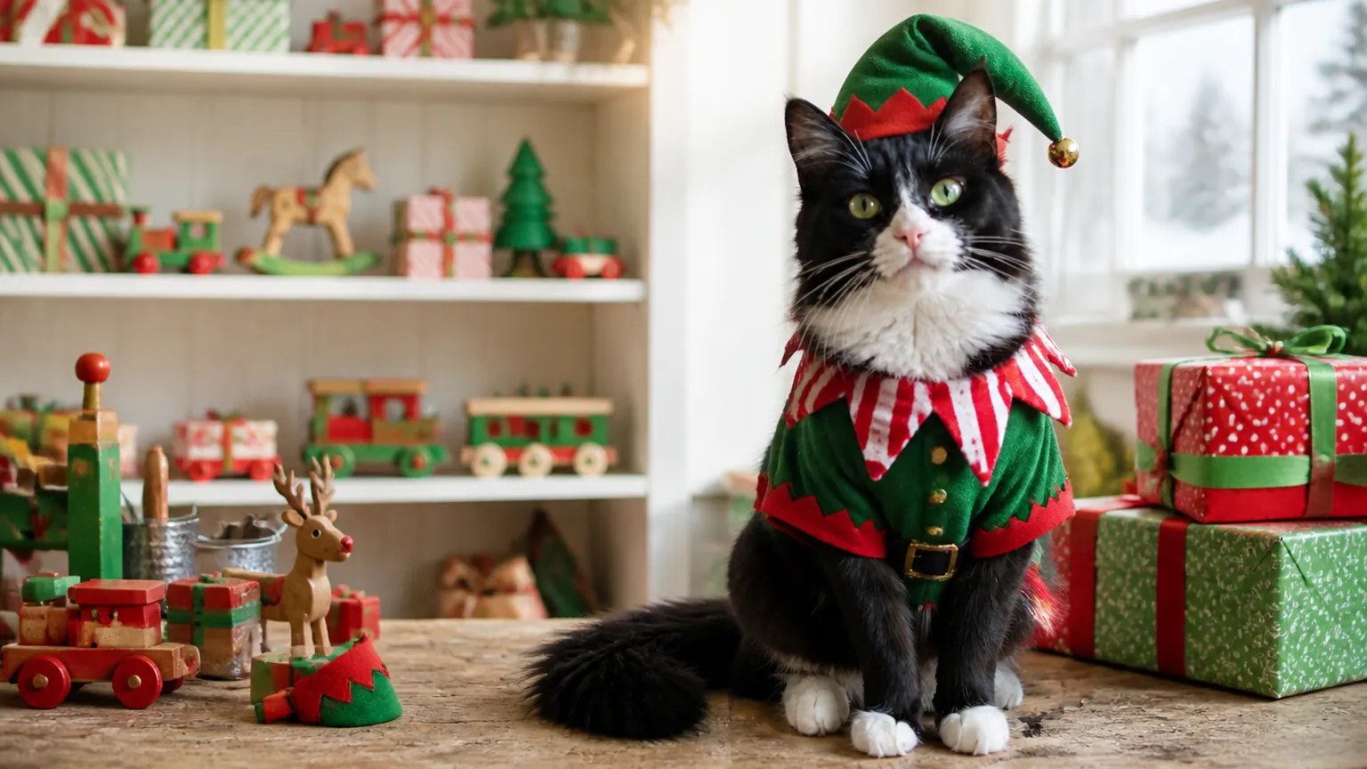 A black-and-white tuxedo cat in a green elf outfit, pointy hat and striped collar on a workbench in a toy workshop