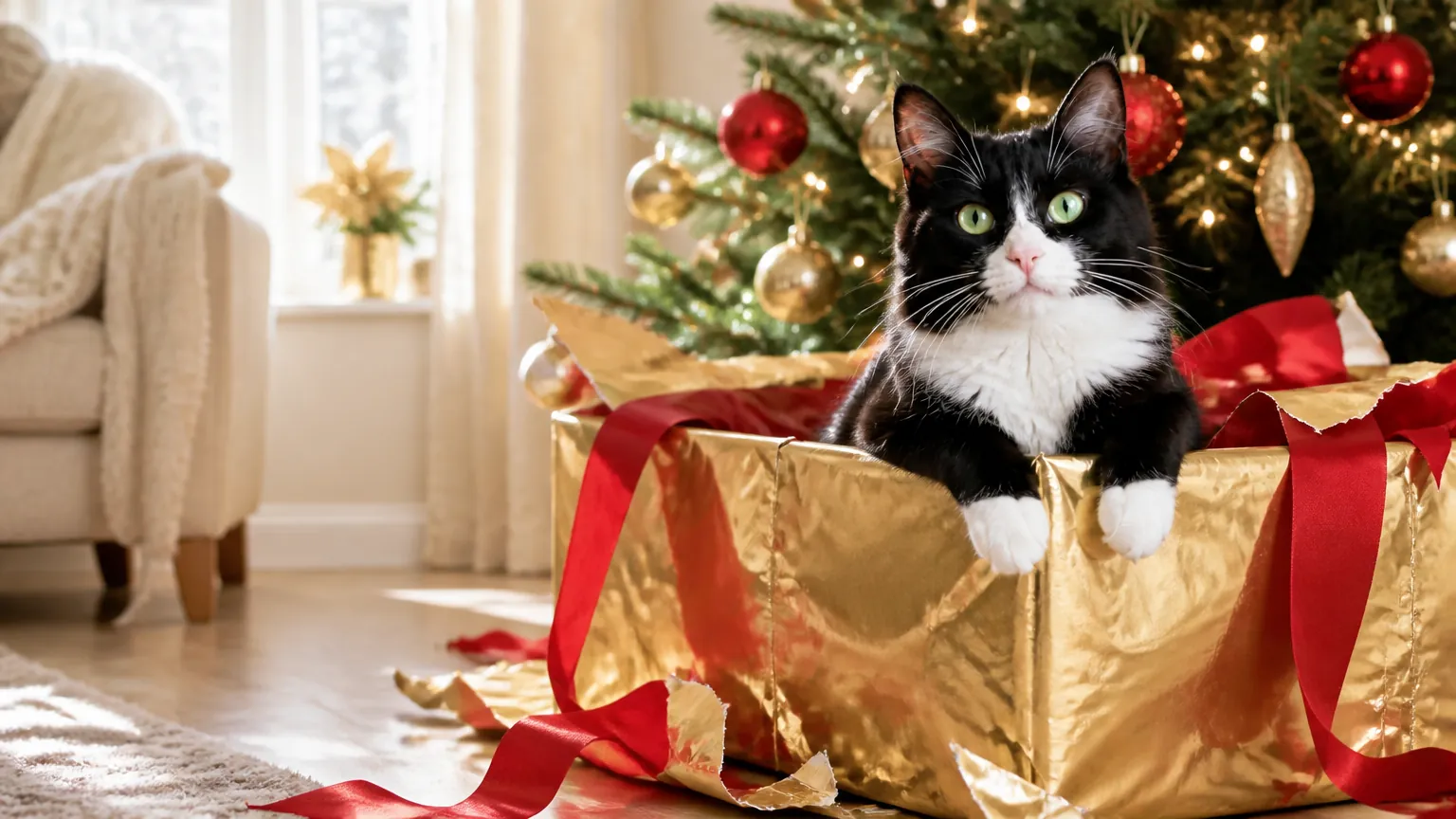 A tuxedo cat peeking out of an open gold gift box with a red satin ribbon under a lit Christmas tree