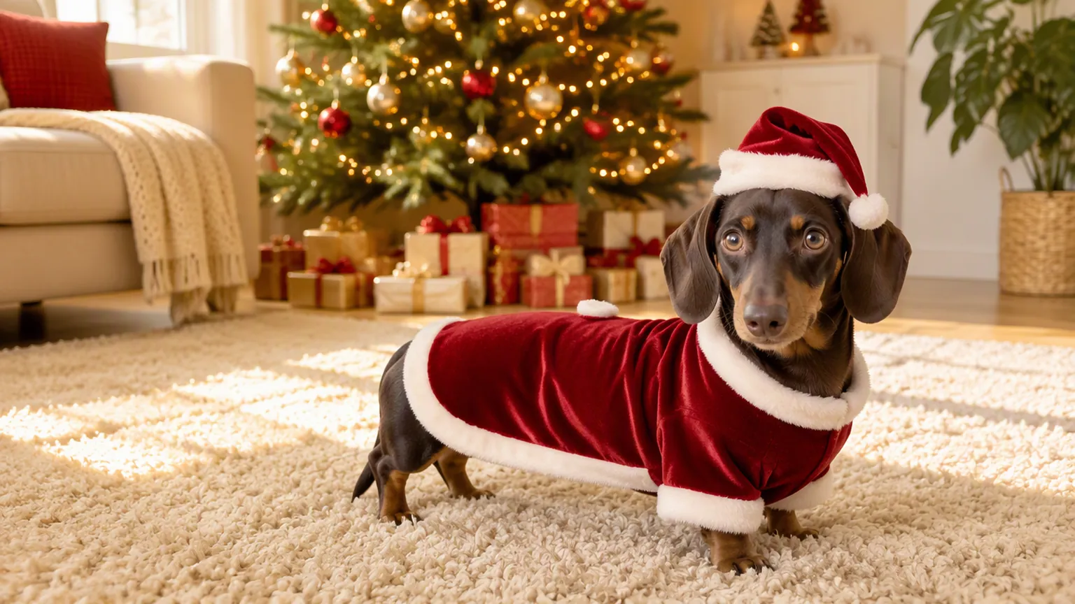 A chocolate-and-tan dachshund in a long red velvet Santa suit and hat in front of a lit Christmas tree