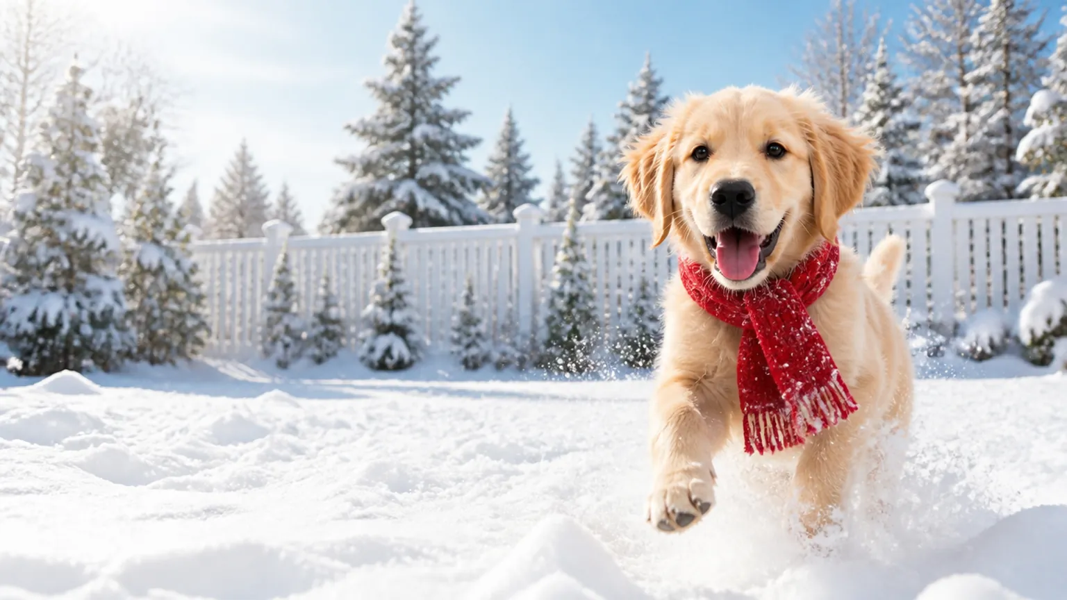 A golden retriever in a red knitted scarf bounding through fresh snow toward the camera