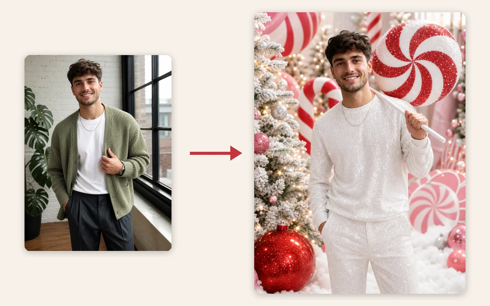 Everyday photo of a young man in a sage-green cardigan next to his AI candy cane portrait in an all-white outfit with a giant peppermint lollipop