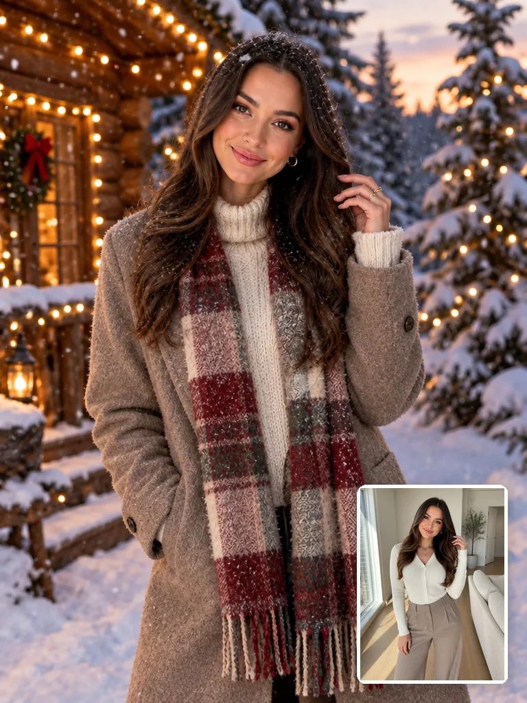AI Christmas portrait of a woman in a long beige coat, cream turtleneck and red plaid scarf outside a snowy log cabin at dusk, with her original photo in a cream cardigan in the corner