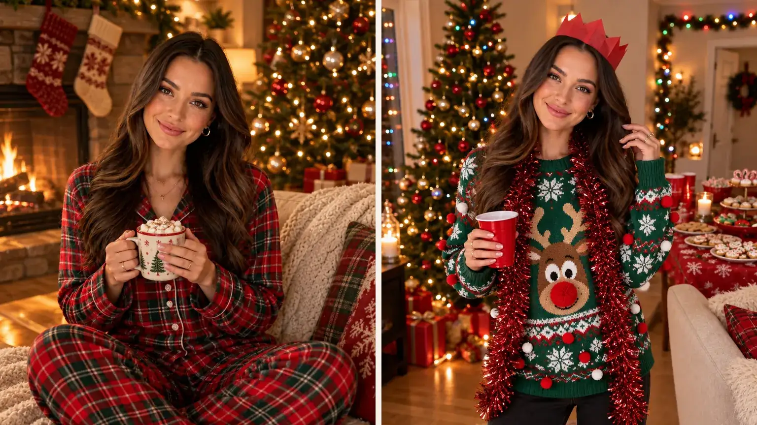Two AI Christmas portraits of the same woman: in plaid pajamas with cocoa by a fireplace, and in an ugly Christmas sweater with a paper crown