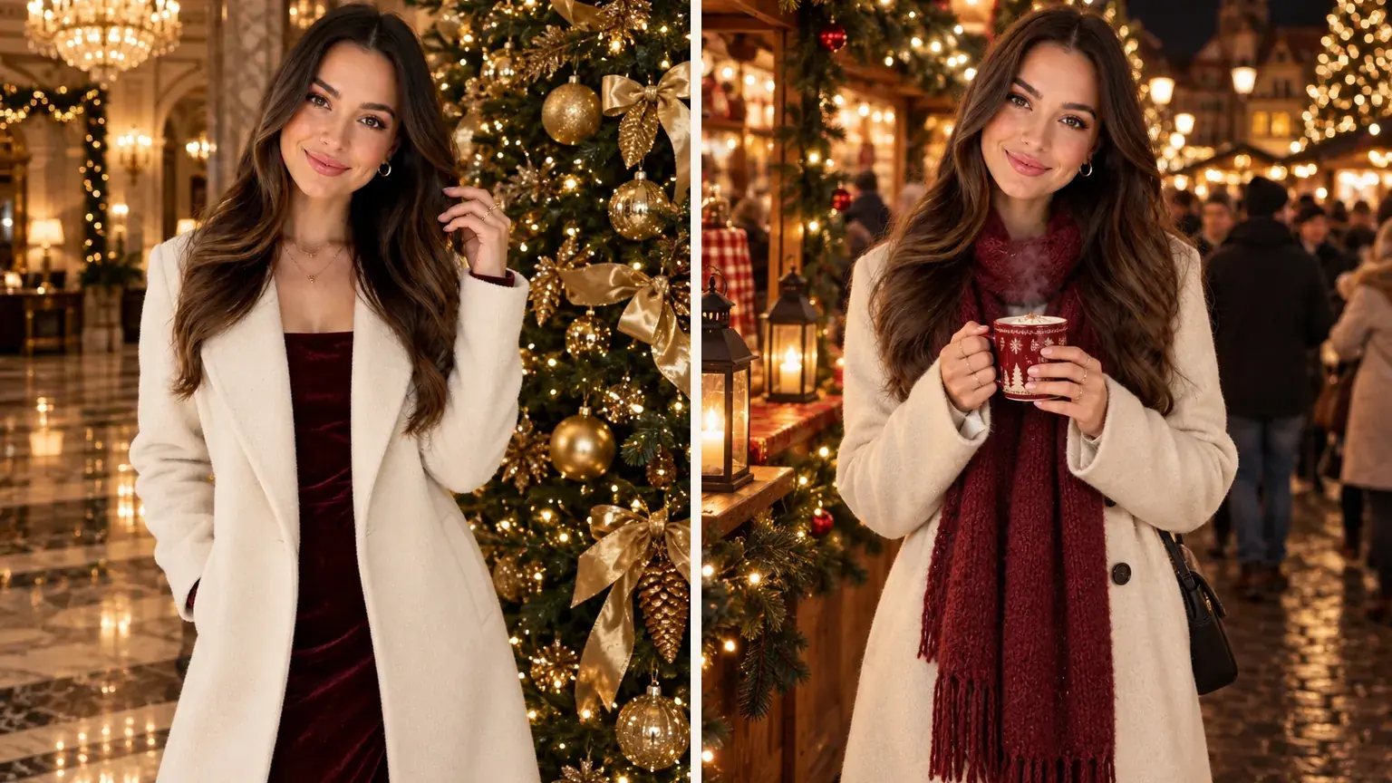 Two AI Christmas portraits of the same woman: in an ivory coat by a giant gold tree in a hotel lobby, and with a warm drink at a Christmas market at night