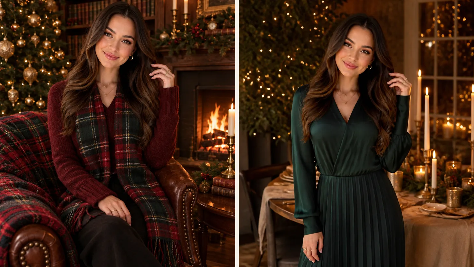 Two AI Christmas portraits of the same woman: in a tartan wrap in a candlelit library, and in a dark green dress beside a candlelit Christmas dinner table