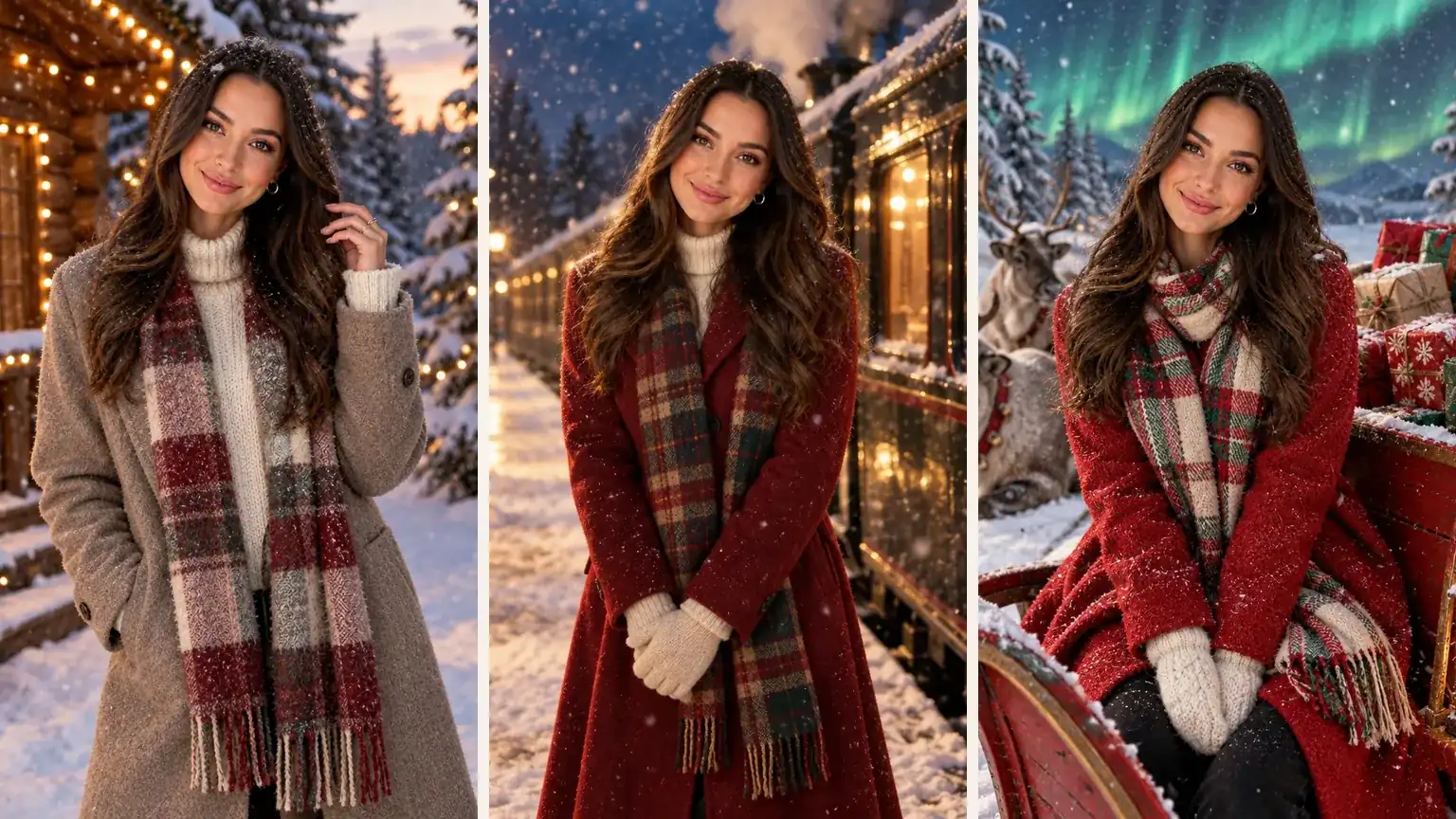 Three AI Christmas portraits of the same woman: outside a snowy log cabin, beside a steam train at night and next to a sleigh under green northern lights
