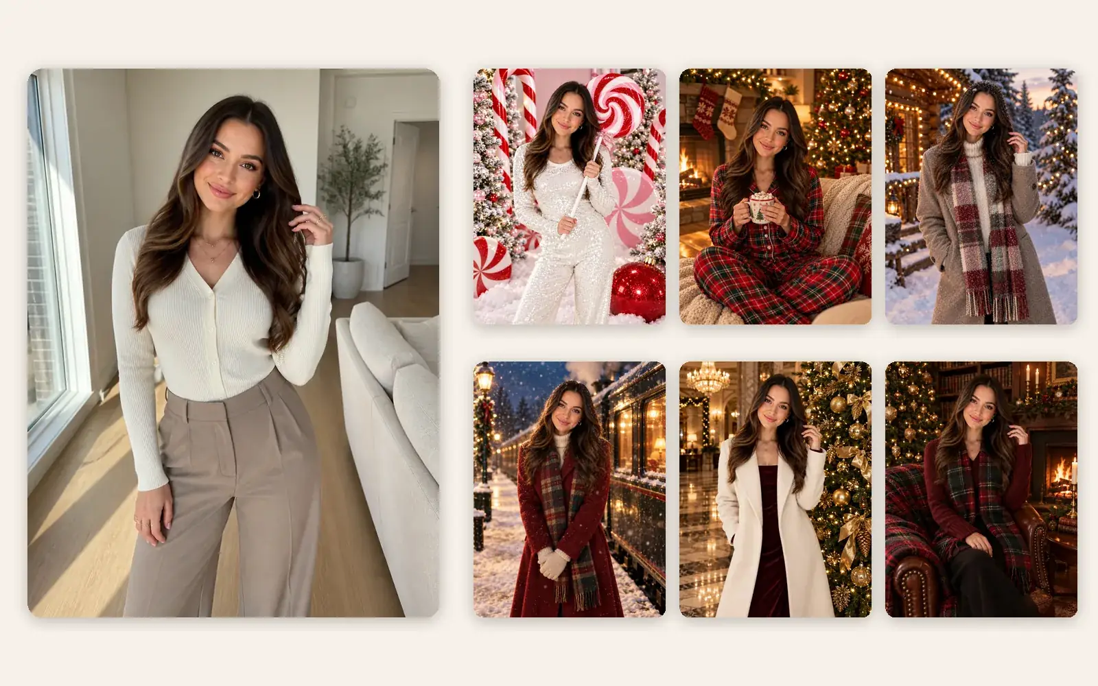 An everyday photo of a young woman in a cream cardigan next to six AI Christmas portraits of her: candy cane studio, fireside pajamas, snowy cabin, Christmas Eve train, hotel lobby and tartan library