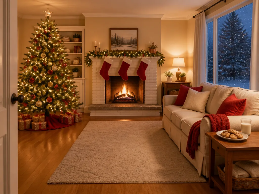 Empty living room on Christmas Eve with a lit tree, a fireplace and a plate of cookies by the window