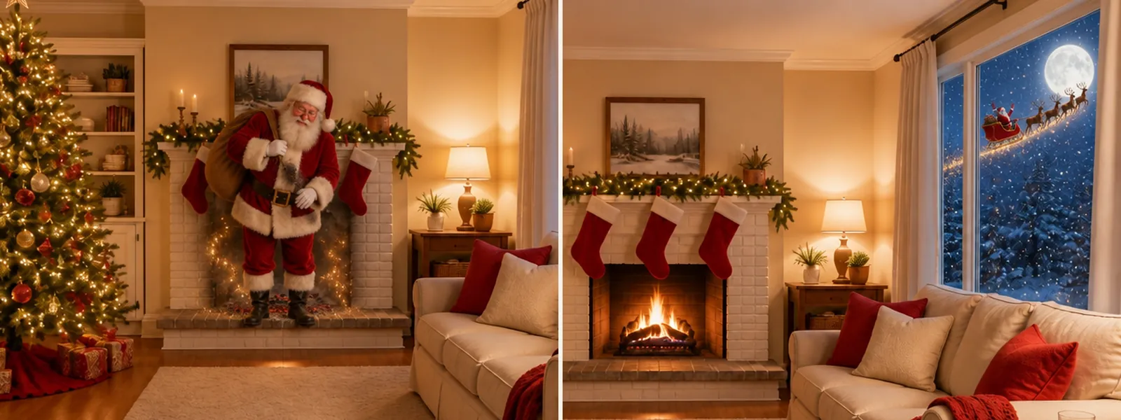 Left: Santa steps out of the fireplace onto the hearth with his sack, soot on his suit and golden sparkles behind him. Right: the same living room, with Santa's sleigh and reindeer gliding past the full moon outside the window