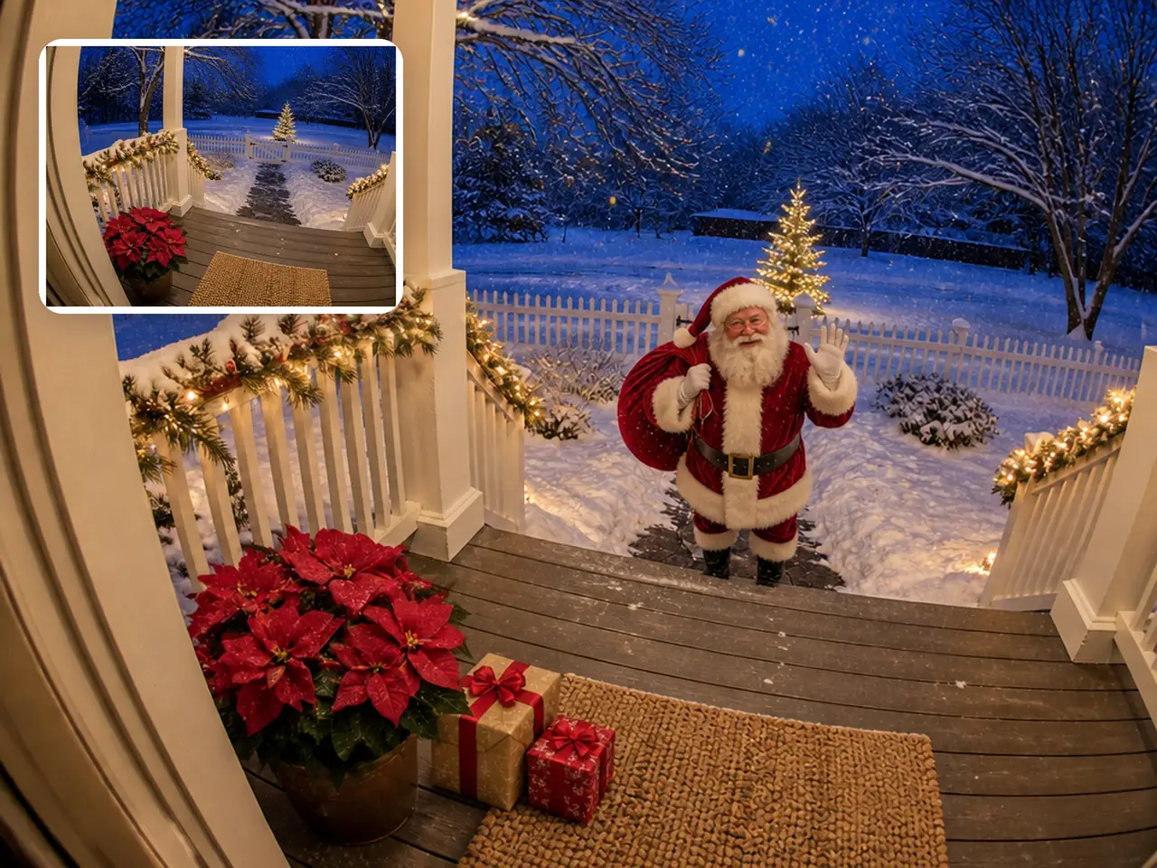 Small inset of an empty snowy porch, and the same porch with Santa waving at the bottom of the steps and two presents by the doormat
