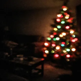 Dark, blurry living room lit only by Christmas tree lights