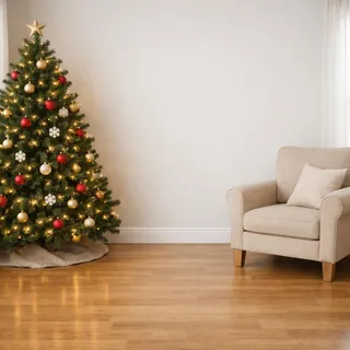 Empty living room corner with a lit Christmas tree and open floor